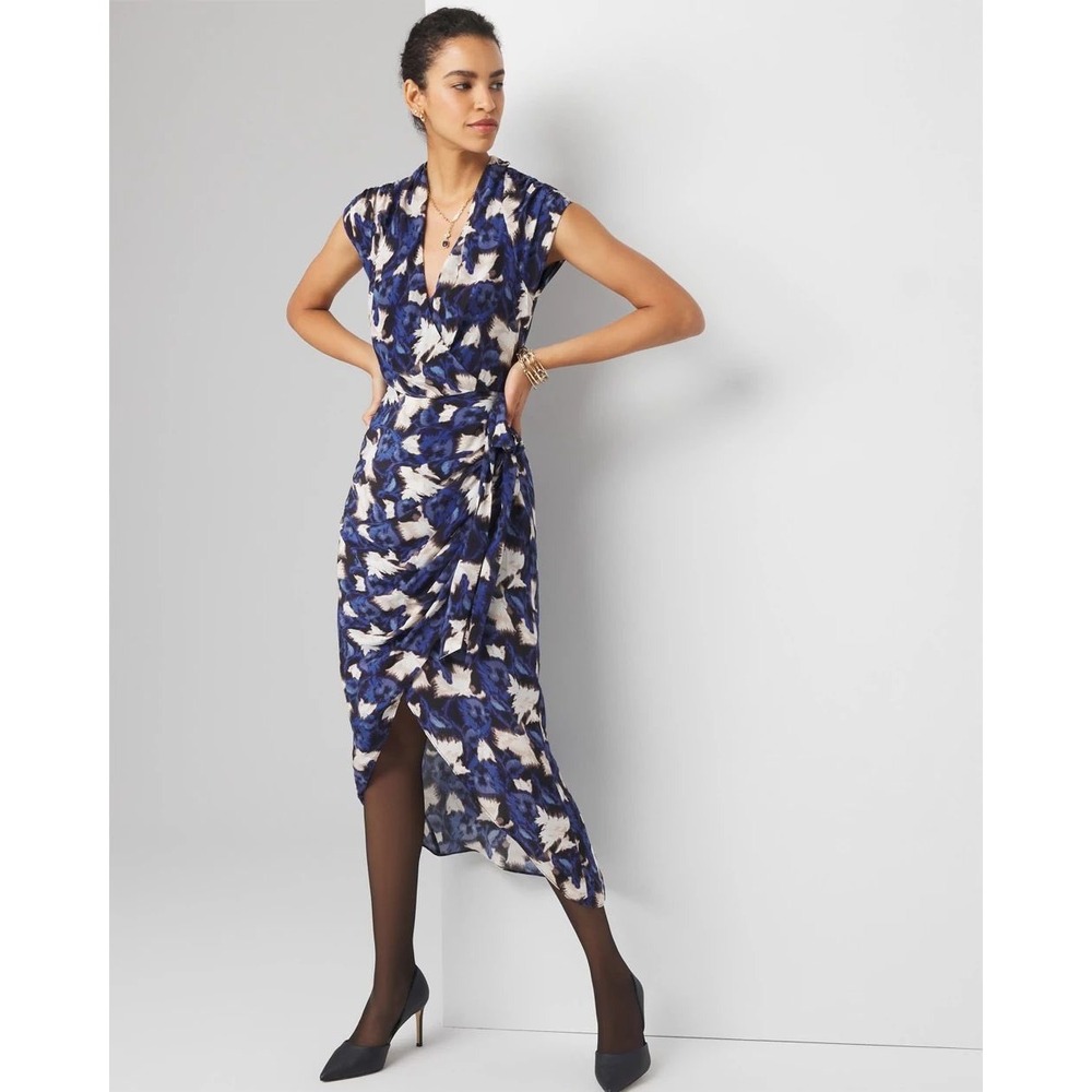 White House Black Market Hazy Bloom Indigo Wrap Midi Dress Size 8 NEW